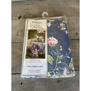 WAVERLY Garden Room Heirloom Blue Floral Toil Vinyl Tablecloth 60" x 84" Oblong